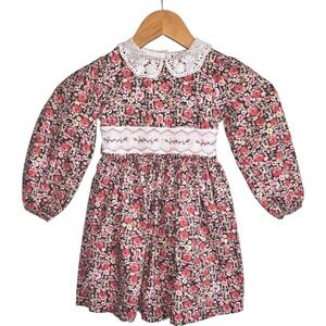 Bonnie Jean Lace Collar Ditzy Floral Smocked Long Sleeve Dress‎ Size 5 Prairie